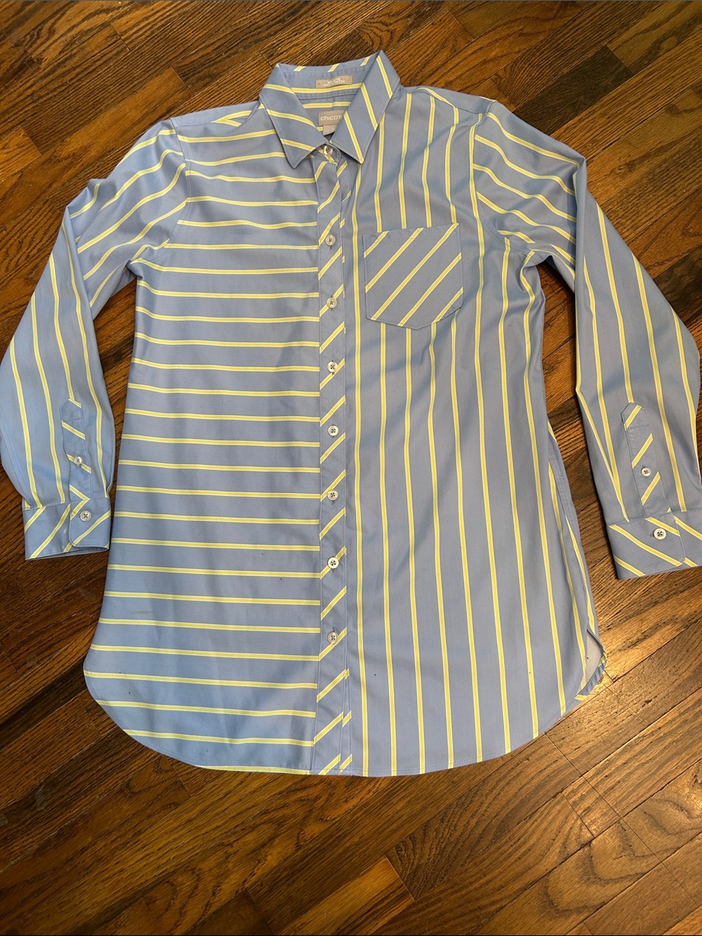 Chico's Light Blue and Yellow Striped Button-Down Shirt
